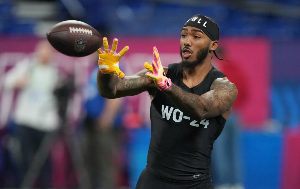 Mar 2, 2024; Indianapolis, IN, USA; Washington wide receiver Ja'Lynn Polk (WO24) during the 2024 NFL Combine at Lucas Oil Stadium. Mandatory Credit: Kirby Lee-USA TODAY Sports