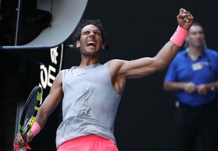 Tennis - Australian Open - Rod Laver Arena, Melbourne, Australia, January 17, 2018. Spain's Rafael Nadal celebrates winning his match against Argentina's Leonardo Mayer. REUTERS/Issei Kato