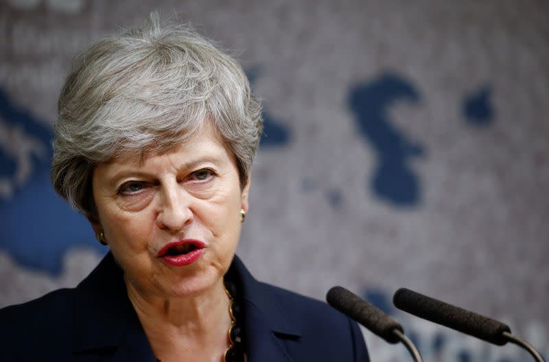 Britain's Prime Minister Theresa May delivers a speech at Chatham House in London