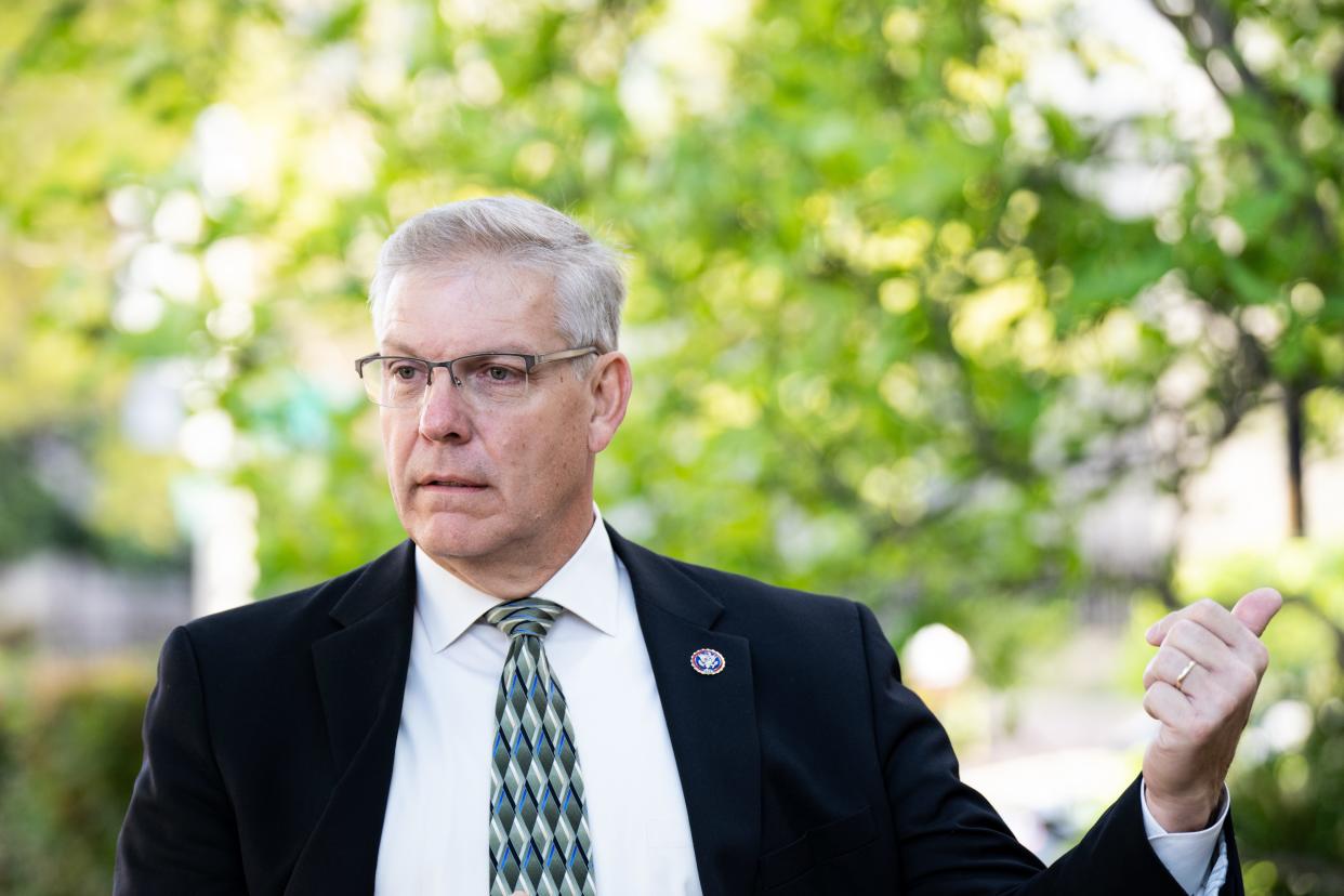 Barry Loudermilk, R-Ga., arrives for the House Republican Conference caucus meeting at the Capitol Hill Club in Washington on Wednesday, April 27, 2022.