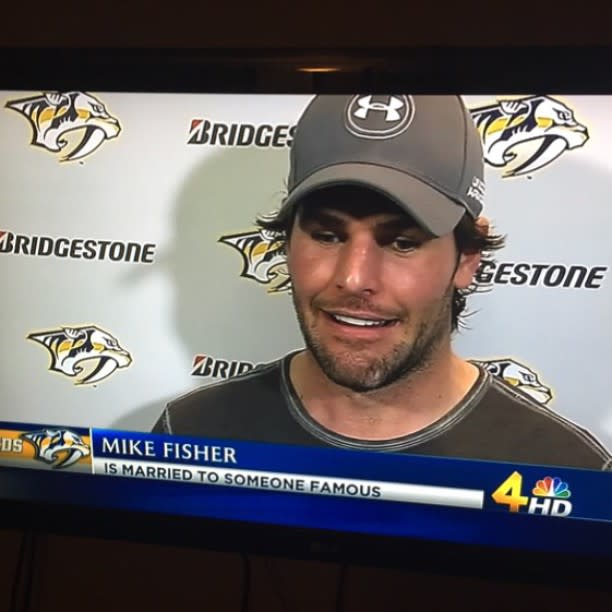 Mr. <strong>Carrie Underwood</strong> is taking on a whole new meaning! The country superstar's husband, NHL star <strong> Mike Fisher</strong>, was hilariously identified as "married to someone famous" in a televised interview with Nashville's local NBC affiliate. Ever the good sport, the athlete shared the moment on Instagram. <strong>WATCH: Carrie Underwood Stuns in First Post-Baby Appearance</strong> "Had a good laugh at this!" the 35-year-old captioned the image. And it looks like Mrs. Mike Fisher was just as amused! Underwood re-posted the image, adding the caption "First name: Someone. Last name: Famous." <strong>WATCH: Meet Carrie Underwood and Mike Fisher's Baby Boy, Isaiah</strong> No matter what you call them, Underwood and Fisher make an undeniable power couple. The singer recently scored the 21st No. 1 single of her career with "Little Toy Guns," while Fisher just last week inked a new two-year contract extension with the Nashville Predators worth a reported $8.8 million. ET was with Underwood backstage at the CMT Awards earlier this month, where we broke the news that she had just become the No. 1 CMT Awards winner of all time! Watch her adorable reaction in the video below.