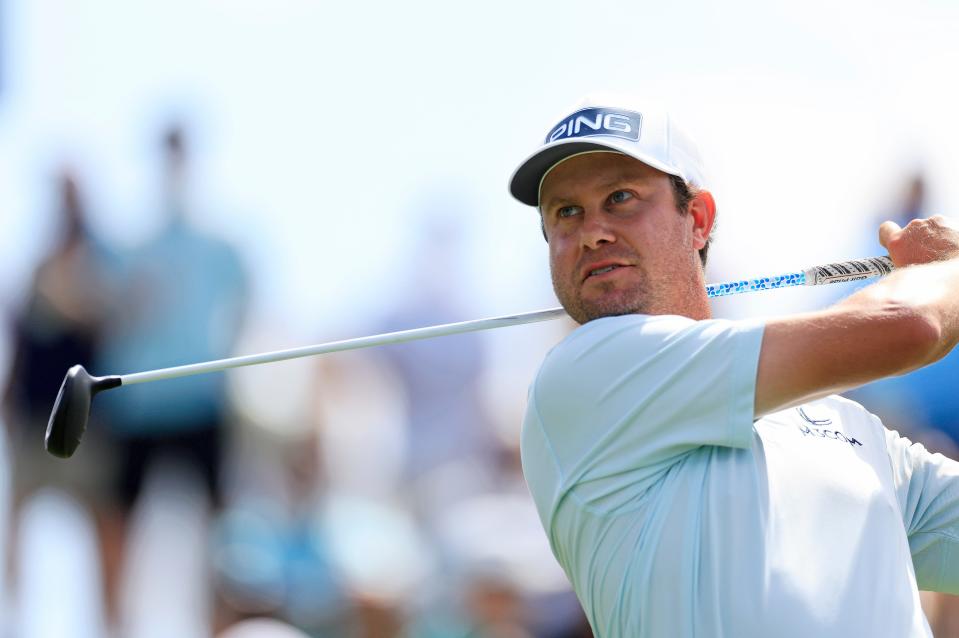 Harris English tees off on the 18th hole during Sunday's final round of The Players Championship.