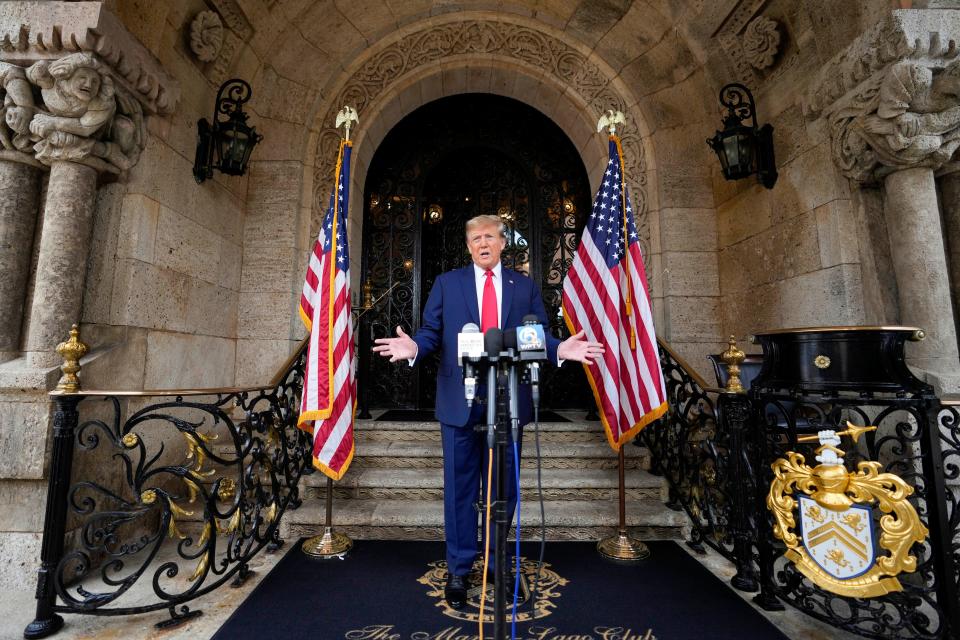 Republican presidential candidate former President Donald Trump speaks at his Mar-a-Lago estate Thursday, Feb. 8, 2024, in Palm Beach, Florida.