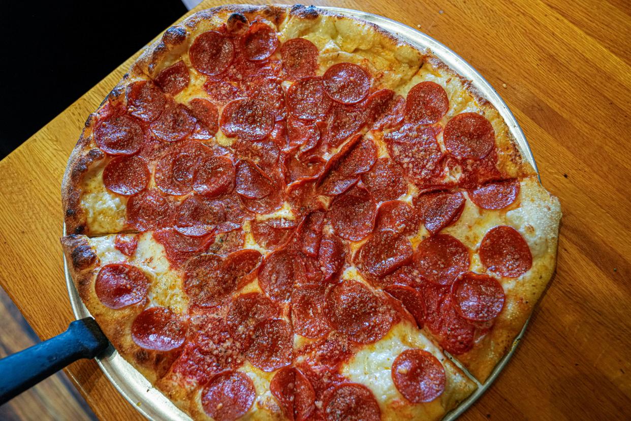 A pepperoni pizza at Strong's Brick Oven Pizza in Newport.