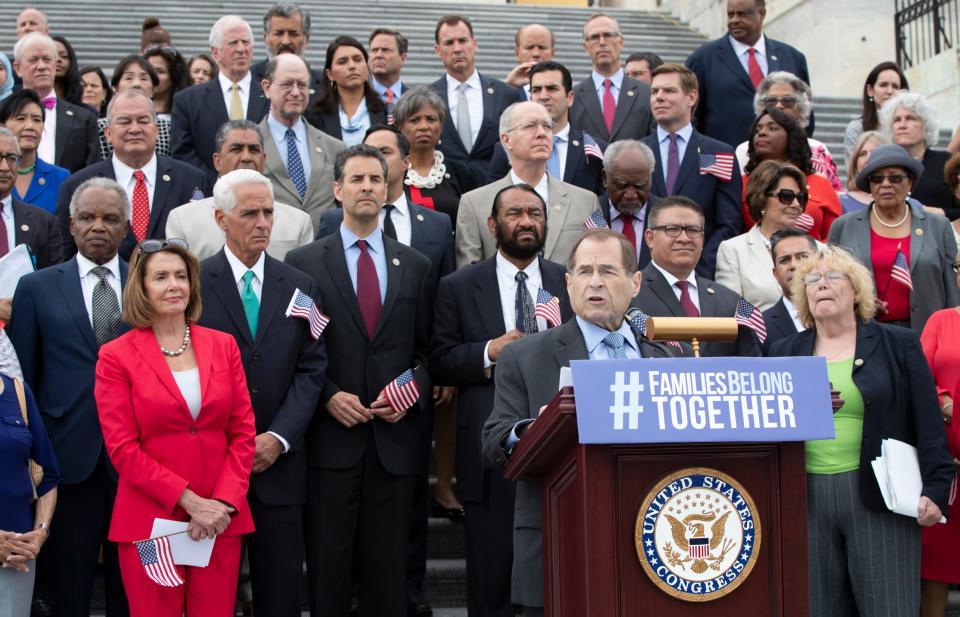 Rep. Jerry Nadler, D-N.Y., ranking member of the House Judiciary Committee, is joined by House Democratic Leader Nancy Pelosi of California, left, and other Democrats on June 20, 2018, calling for passage of the Keep Families Together Act, legislation to end the Trump administration's policy of separating families at the U.S-Mexico border.