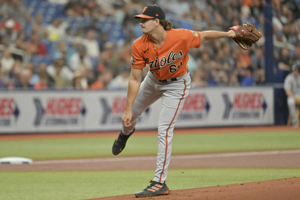 Baltimore Orioles starter Dean Kremer pitches against the Tampa Bay Rays during the first inning of a baseball game Saturday, July 16, 2022, in St. Petersburg, Fla. (AP Photo/Steve Nesius)