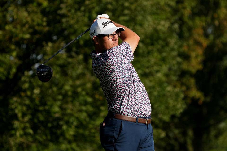 Matt Atkins plays a shot from the 12th tee during the second round of the Nationwide Children’s Hospital Championship at Ohio State University Golf Club on September 22, 2023 in Columbus, Ohio. (Photo by Dylan Buell/Getty Images)