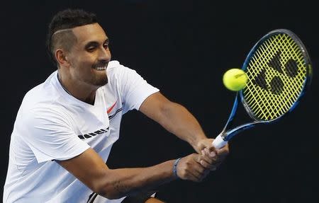 Tennis - Australian Open - Melbourne Park, Melbourne, Australia - 18/1/17 Australia's Nick Kyrgios hits a shot during his Men's singles second round match against Italy's Andreas Seppi. REUTERS/Issei Kato