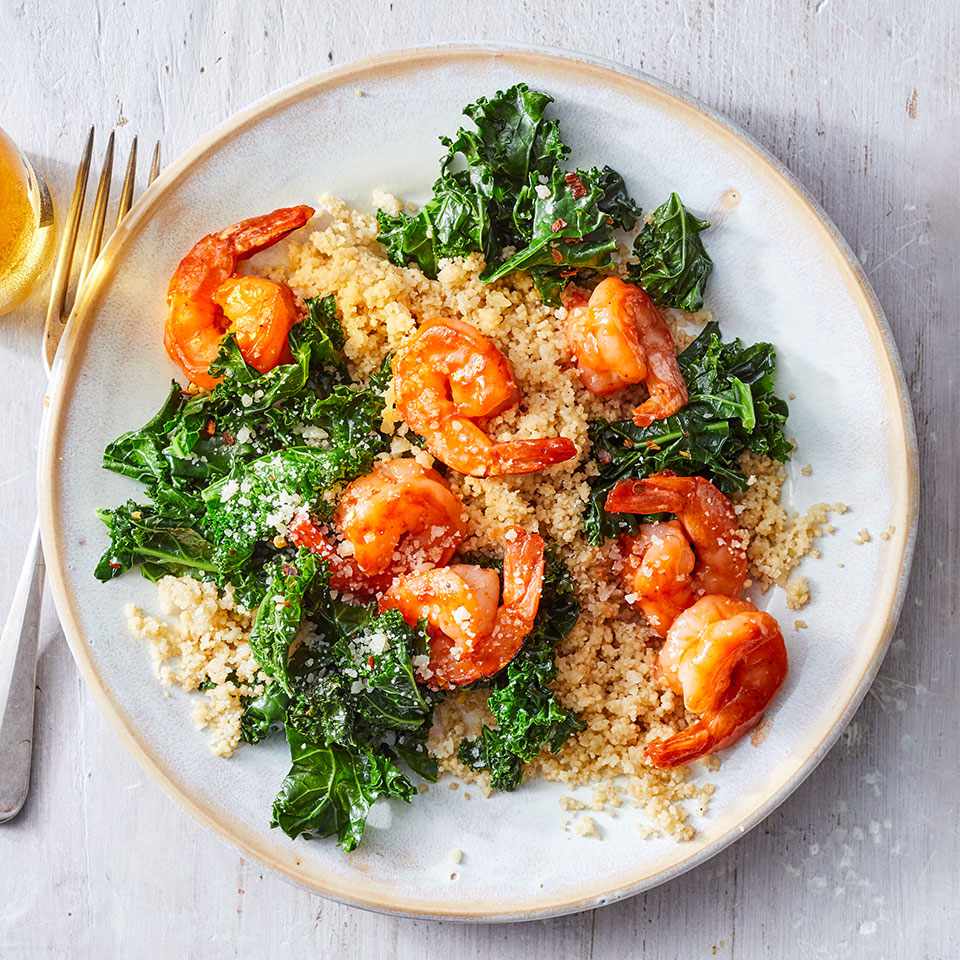 BBQ Shrimp with Garlicky Kale & Parmesan-Herb Couscous