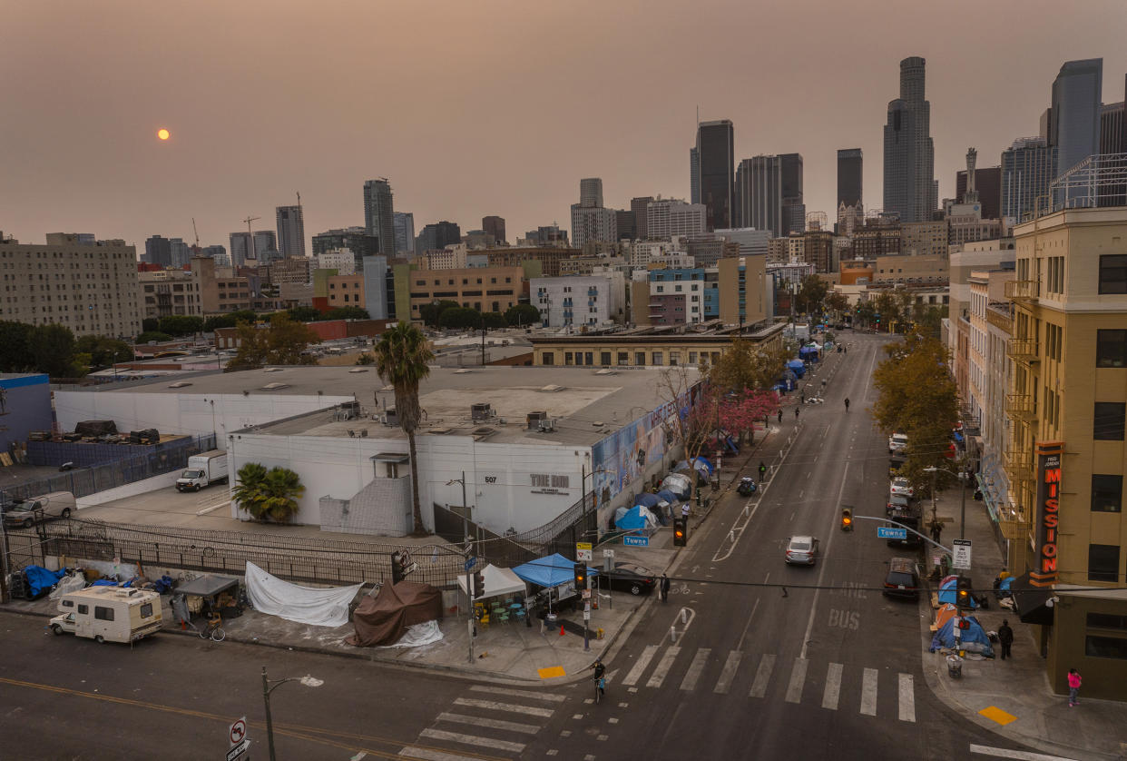 Image: An aerial view of homeless encampments in Skid Row on Sept. 23, 2021 in Los Angeles. (Allen J. Schaben / Los Angeles Times via Getty Images file)