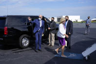 Democratic presidential candidate former Vice President Joe Biden, and his wife Jill Biden walk to board a plane at New Castle Airport, in New Castle, Del., Thursday, Sept. 3, 2020, en route to Kenosha, Wis. (AP Photo/Carolyn Kaster)