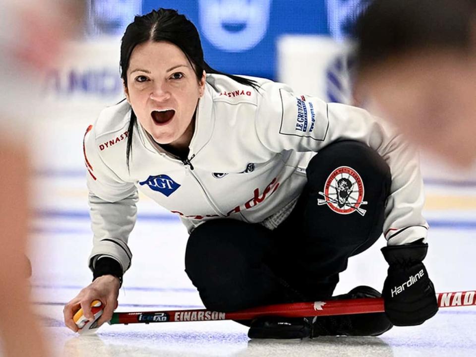 Kerri Einarson's Manitoba rink of vice-skip Val Sweeting, second Shannon Birchard and lead Briane Harris dropped an 8-5 semifinal decision to Norway on Saturday and will battle host Sweden for a bronze medal on Sunday at the world curling championships in Sandviken. (Jonas Ekstromer/TT News Agency via Associated Press - image credit)