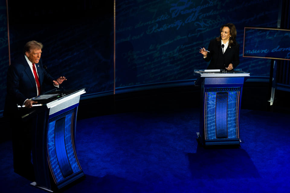 PHILADELPHIA, PA September 10, 2024: Democratic presidential candidate Kamala Harris and former President and Republican presidential candidate Donald Trump and Vice President during the first presidential debate at National Constitution Center in Philadelphia, PA on Tuesday, Sept. 10, 2024. ABC News hosted the first presidential debate between Vice President and Democratic presidential candidate Kamala Harris and Former President and Republican presidential candidate Donald Trump during the 2024 general election. 

(Photo by Demetrius Freeman/The Washington Post via Getty Images)