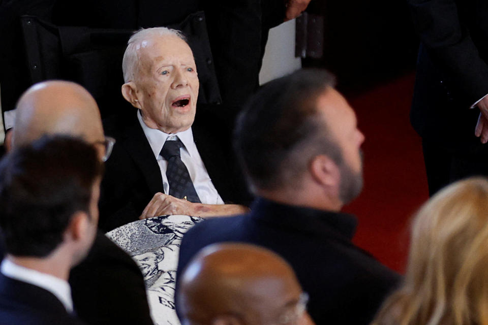 Former President Jimmy Carter attends a tribute service for his wife former first lady Rosalynn Carter, at Glenn Memorial United Methodist Church in Atlanta, Georgia, Nov. 28, 2023. / Credit: Reuters/Evelyn Hockstein