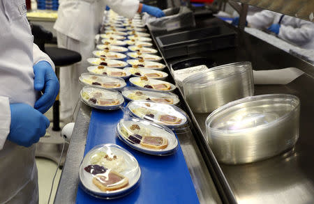 Meals for Lufthansa's first class passengers are prepared by employees of LSG Group, Lufthansa's airline catering division, at the LSG headquarters in Frankfurt, Germany, November 11, 2016. REUTERS/Kai Pfaffenbach