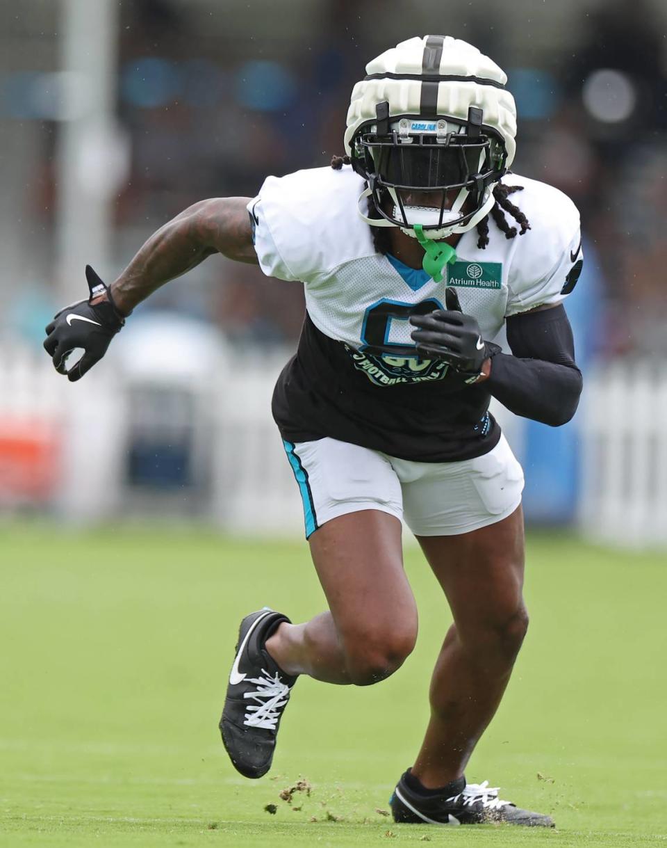 Carolina Panthers cornerback Jaycee Horn breaks off the line during drills on Tuesday, August 6, 2024.