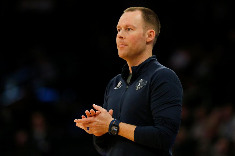 Xavier head coach Travis Steele looks on from the sideline in the second half of the NCAA Big East Conference championship tournament first round game between the No. 8 Musketeers and the No. 9 Butler Bulldogs at Madison Square Garden on March 9, 2022.