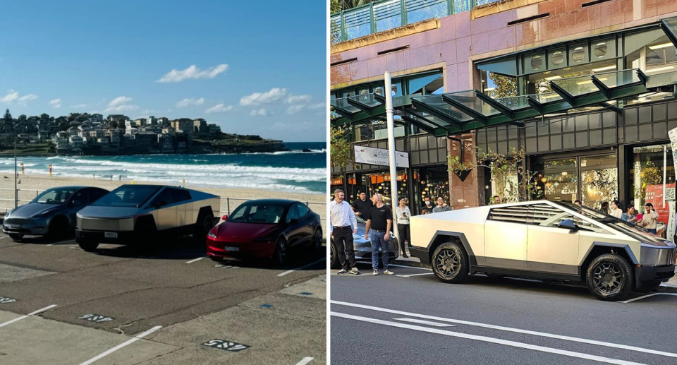 Tesla's Cybertruck is spotted at Bondi, left, and in North Sydney, right.