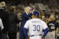 <p>Hall of Fame Los Angeles Dodgers broadcaster Vin Scully makes the “Play Ball” announcement on Vin Scully Appreciation Day before the team’s baseball game against the Colorado Rockies, Friday, Sept. 23, 2016, in Los Angeles. (AP Photo/Jae C. Hong) </p>