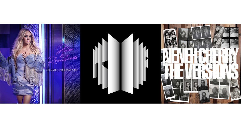 En esta combinación de fotografías la portada de "Denim & Rhinestones" de Carrie Underwood, de izquierda a derecha, la antología "Proof" de BTS y "The Versions" de Neneh Cherry. (Universal Music Group Nashville/Big Hit/Republic Records via AP)