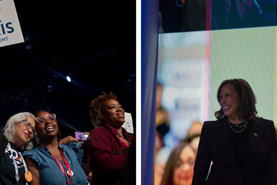 Left: Convention attendees hug during Dr. Frederick D. Haynes III's speech. Right: Vice President Kamala Harris arrives on stage to deliver the keynote speech at the American Federation of Teachers’ 88th national convention. <cite>Credit: Danielle Villasana for The Texas Tribune</cite>