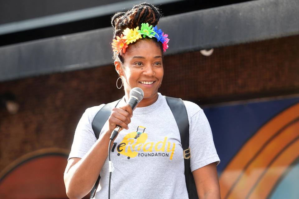 <p>Tiffany Haddish speaks at the Comic and Hollywood Communities Coming Together event to mark the Juneteenth holiday in West Hollywood on Friday.</p>