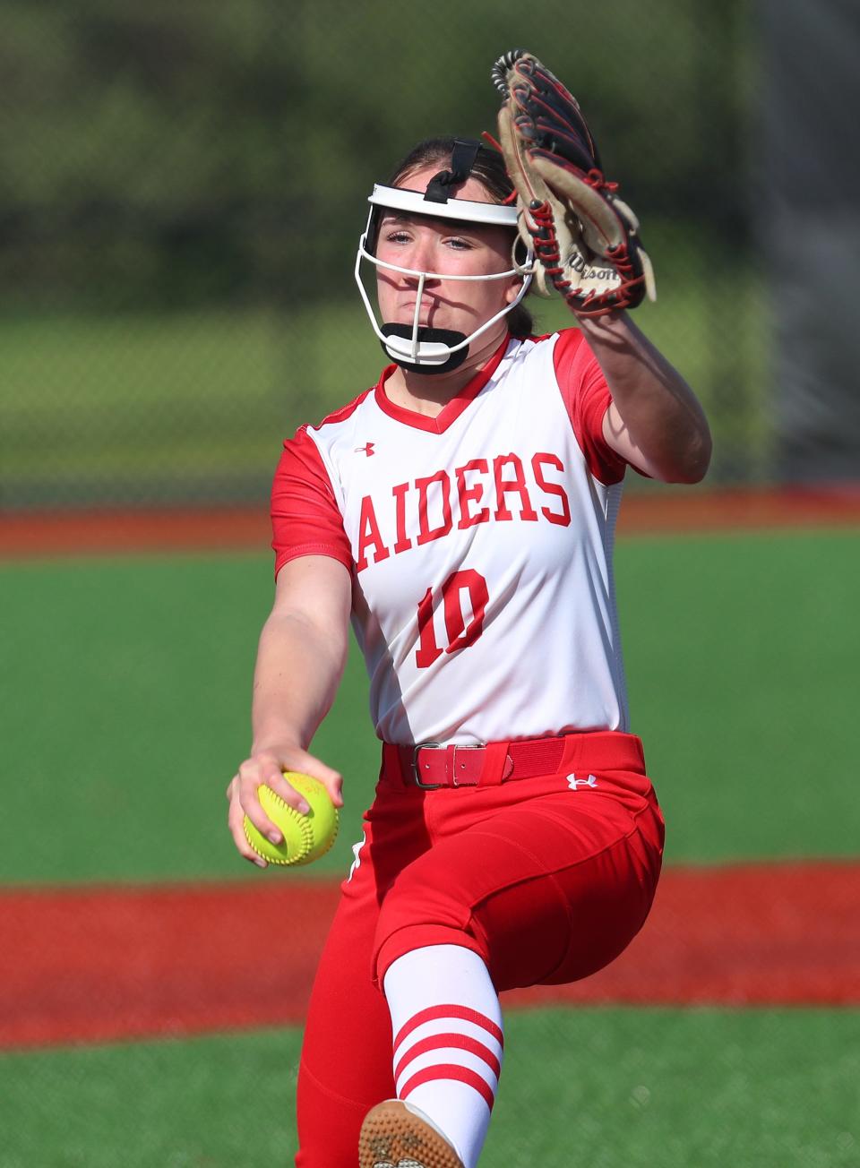 North Rockland's Tara Murphy (10) pitching against North Rockland during the Rockland County Challenge at Haverstraw Sports Complex in Garnerville April 20, 2024.
