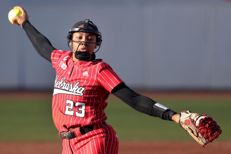 Nebraska starting pitcher Courtney Wallace throws against Houston during an NCAA softball game on Saturday, Feb. 11, 2023, in Houston. (AP Photo/Michael Wyke).