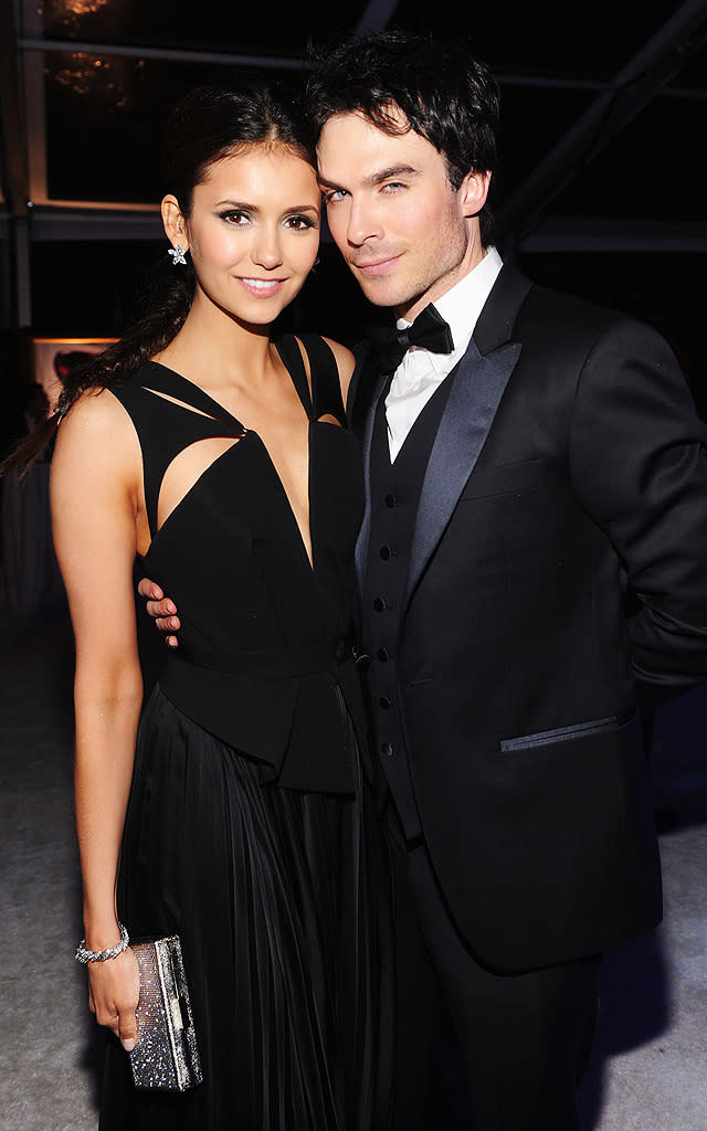 Nina Dobrev (in J. Mendel) and her "Vampire Diaries" co-star/boyfriend Ian Somerhalder (in Armani) easily made for one of the evening's most stylish couples!<br>