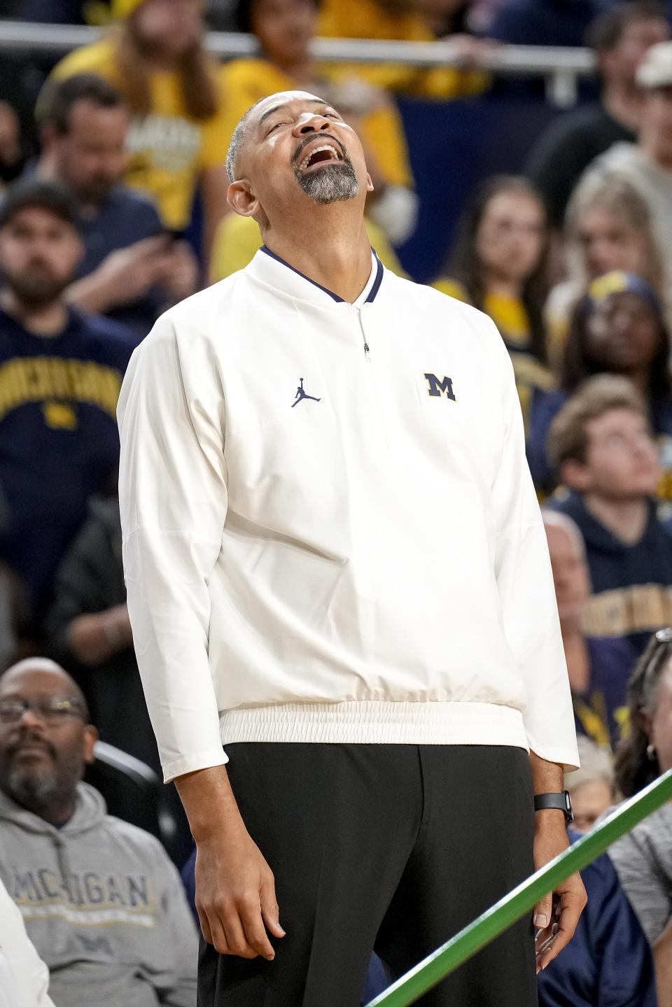 Head coach Juwan Howard of the Michigan Wolverines reacts against the Minnesota Golden Gophers during the first half at Crisler Center in Ann Arbor on Thursday, Jan. 4, 2024.
