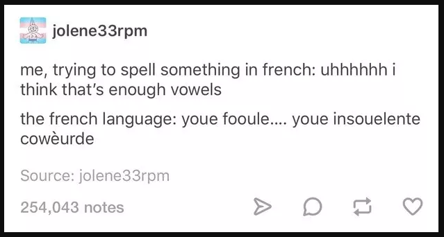 Meme of two text blocks joking about spelling in French, with a large number of notes indicating popularity