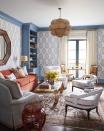<p>A soft rust velvet sofa pops against blue and white textiles throughout the casual and ultrastylish family room of <a href="http://www.megbraffdesigns.com/" rel="nofollow noopener" target="_blank" data-ylk="slk:Meg Braff" class="link ">Meg Braff</a>. James Mont-style horseshoe chairs, upholstered in a ticking <a href="https://fave.co/2Hl5keq" rel="nofollow noopener" target="_blank" data-ylk="slk:Malabar cotton" class="link ">Malabar cotton</a>, channel the curvy, low slung forms of the Ming dynasty. A rattan chandelier from <a href="https://fave.co/2YsM2JG" rel="nofollow noopener" target="_blank" data-ylk="slk:Currey & Company" class="link ">Currey & Company</a> hangs at the center of the media room with <a href="https://www.katieridder.com/" rel="nofollow noopener" target="_blank" data-ylk="slk:Katie Ridder" class="link ">Katie Ridder</a> wallcovering decorating the walls.</p>