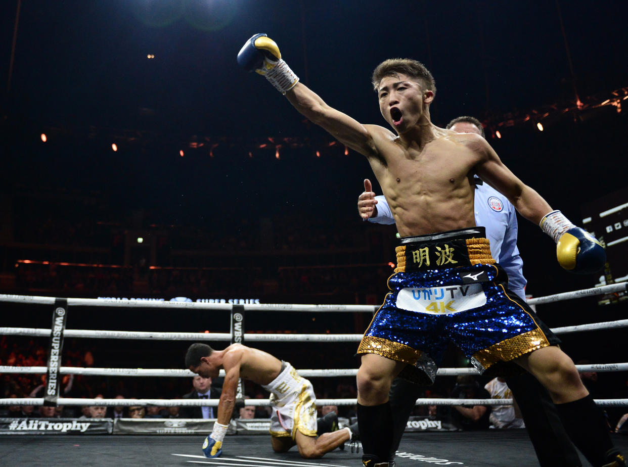 GLASGOW, SCOTLAND - MAY 18: Naoya Inoue of Japan (blue shorts), celebrates as he knock down Emmanuel Rodriguez of Puerto Rico (white shorts), during the WBSS Bantamweight Semi Final IBF World Championship fight at the  Muhammad Ali Trophy Semi-Finals - World Boxing Super Series Fight Night at The SSE Hydro on May 18, 2019 in Glasgow, Scotland. (Photo by Mark Runnacles/Getty Images)