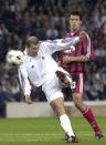 FILE - In this Wednesday, May 15, 2002 file photo Real Madrid's Zinedine Zidane scores the winning goal watched by Bayer Leverkusen's Michael Ballack during the UEFA Champions League final soccer match at Hampden Park in Glasgow, Scotland. Z is for Zinedine Zidane. Zidane was one of the games all time greats and this goal that he scored against Leverkusen in the 2002 final one of the greatest goals to grace a final. (AP Photo, File)