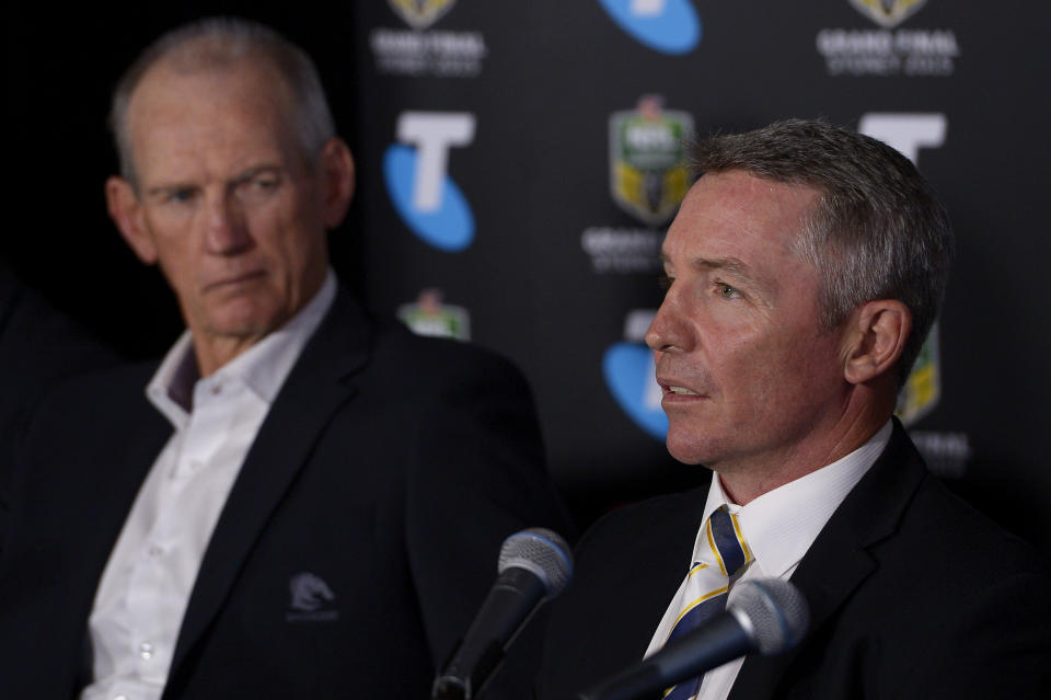 Wayne Bennett and Paul Green, pictured here speaking to the media before the NRL grand final in 2015.