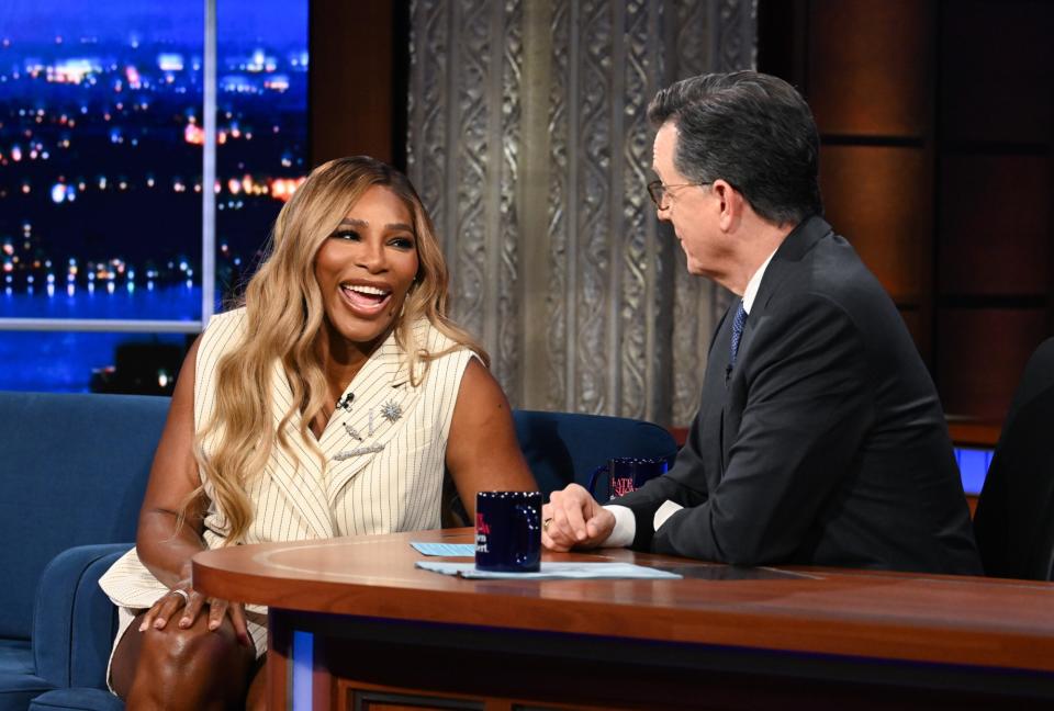 The Late Show with Stephen Colbert and guest Serena Williams during Tuesday’s July 9, 2024 show. Photo: Scott Kowalchyk/CBS ©2024 CBS Broadcasting Inc. All Rights Reserved.