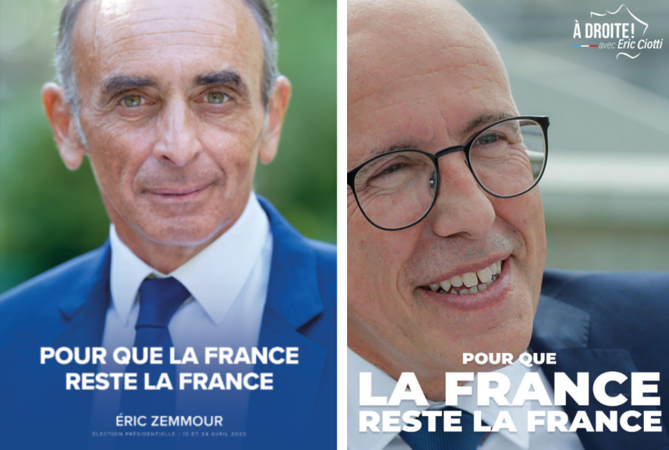 « Pour que la France reste la France » : Affiches de campagne d’Éric Zemmour et d’Éric Ciotti. 