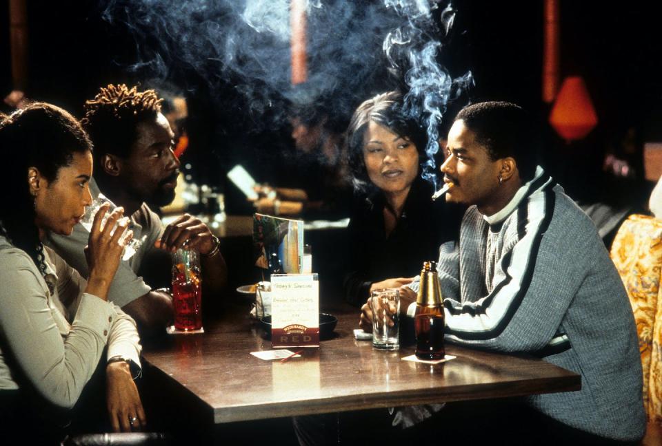 The 1997 film ‘Love Jones’ is a story of Black love, life and friendship that still resonates today. <a href="https://www.gettyimages.com/detail/news-photo/larenz-tate-and-nia-long-having-drinks-with-another-couples-news-photo/159840963" rel="nofollow noopener" target="_blank" data-ylk="slk:Addis Wechsler Pictures/Getty Images;elm:context_link;itc:0;sec:content-canvas" class="link ">Addis Wechsler Pictures/Getty Images</a>