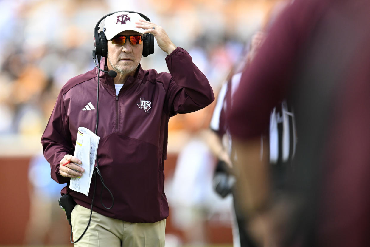 KNOXVILLE, TENNESSEE - OCTOBER 14: Head coach Jimbo Fisher of the Texas A&M Aggies stands on the sidelines against the Tennessee Volunteers in the second quarter at Neyland Stadium on October 14, 2023 in Knoxville, Tennessee. (Photo by Eakin Howard/Getty Images)