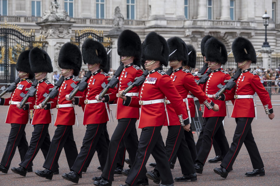 Members of the British Army's King's Guard take place in the   Changing of the Guard ceremony in front of Buckingham Palace in London, July 9, 2023. / Credit: Mike Kemp/In Pictures/Getty