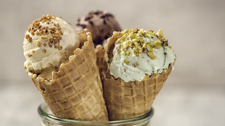 Waffle cones with ice cream