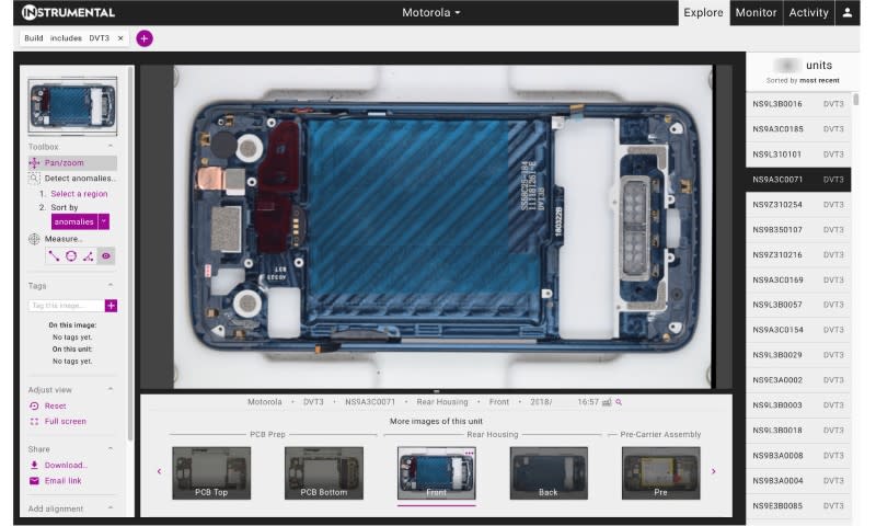 Screen shot of partially assembled Motorola mobile phones from a software system built by Instrumental Inc, a Palo Alto