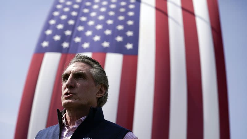 Republican presidential candidate North Dakota Gov. Doug Burgum speaks during an interview following a town hall meeting with employees at Rueter’s Equipment on Friday, June 9, 2023, in Elkhart, Iowa.