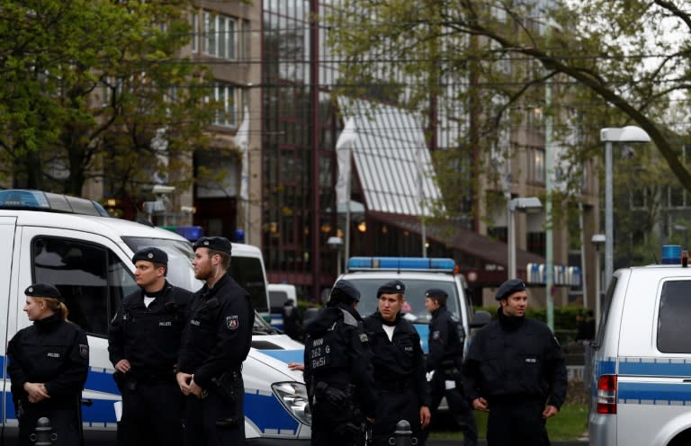 Police set up a cordon outside the Maritim Hotel, the venue of the party congress of Germany's right-wing populist Alternative for Germany (AfD) in Cologne on April 21, 2017