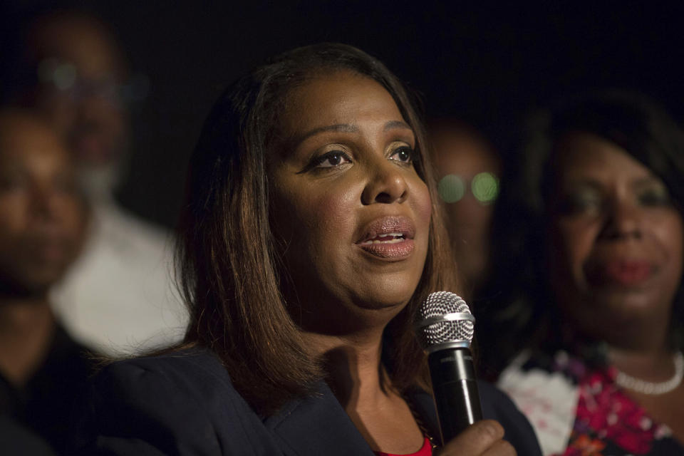 Letitia James delivers a victory speech after winning the primary election for attorney general Thursday, Sept. 13, 2018, in New York. James would become the first black woman to hold statewide elected office in New York if she prevails in the general election. (AP Photo/Kevin Hagen)