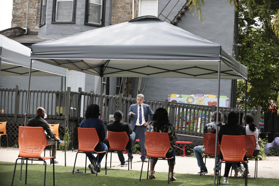 Philadelphia District Attorney candidate Carlos Vega speaks during a meet and greet event at Read Ready Daycare and Early Learning Academy in Philadelphia, on Sunday, May 16, 2021. Vega is challenging incumbent District Attorney Larry Krasner and both candidates are making a final push for votes before the election on May 18. (Elizabeth Robertson/The Philadelphia Inquirer via AP)