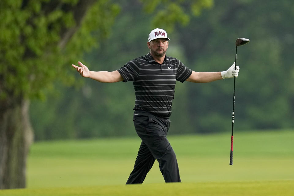 Michael Block reacts to his shot on the 17th hole during the third round of the PGA Championship golf tournament at Oak Hill Country Club on Saturday, May 20, 2023, in Pittsford, N.Y. (AP Photo/Abbie Parr)