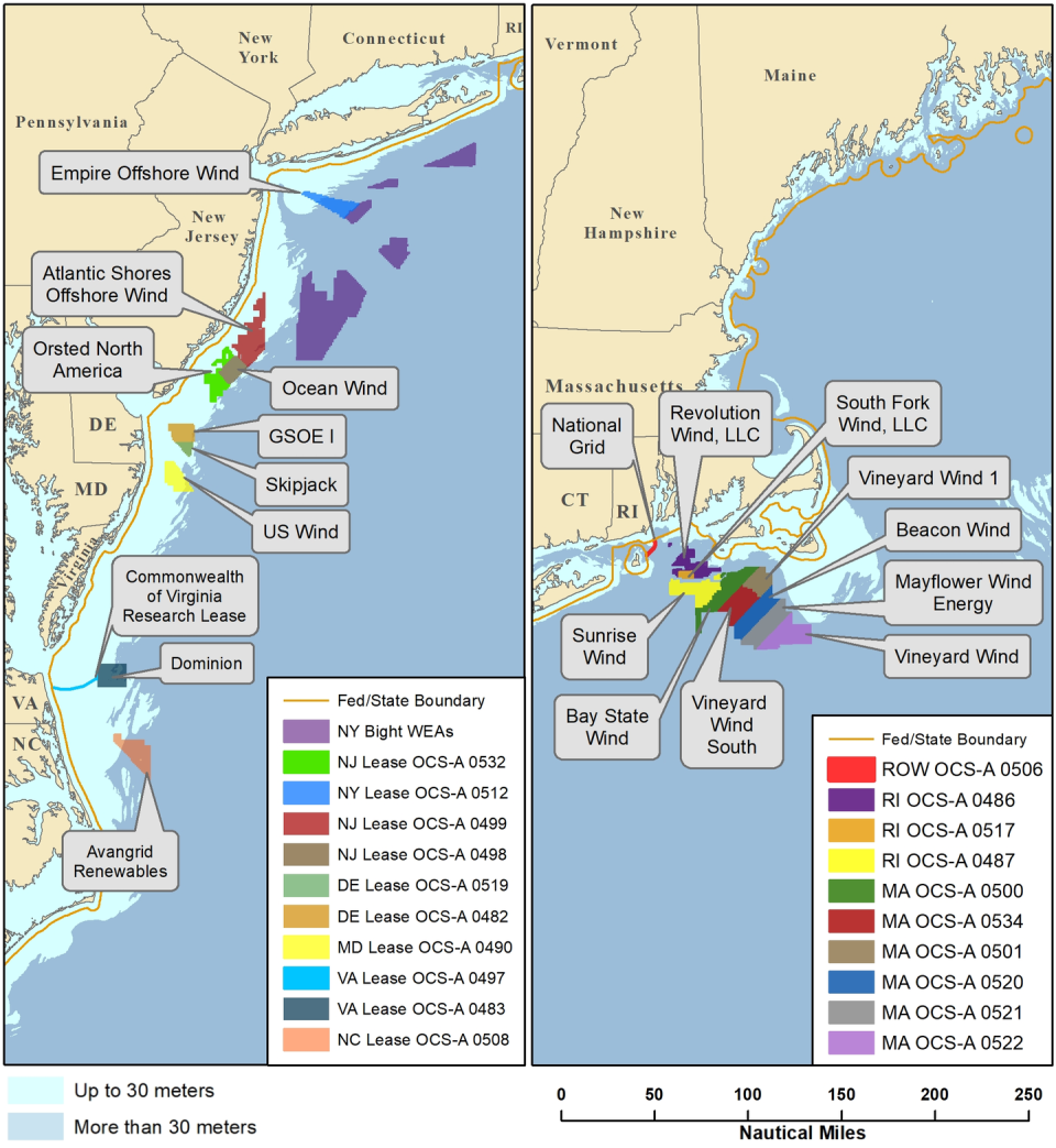 Map of coasts showing lease areas offshore