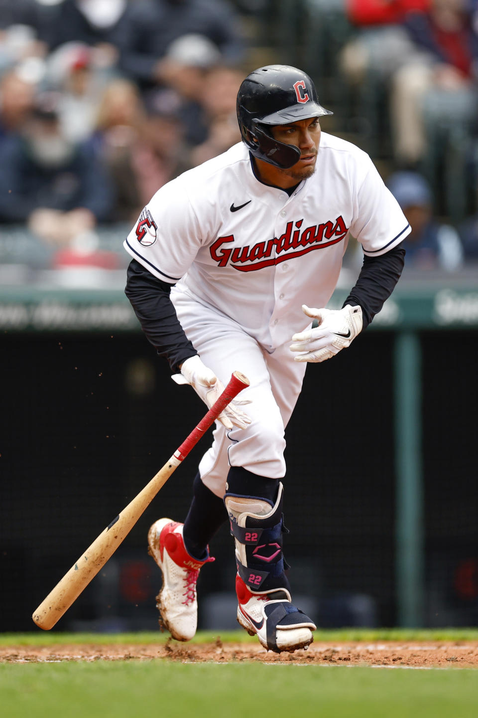 Cleveland Guardians' Josh Naylor hits a two run single against the San Diego Padres during the fifth inning in the first baseball game of a doubleheader, Wednesday, May 4, 2022, in Cleveland. (AP Photo/Ron Schwane)