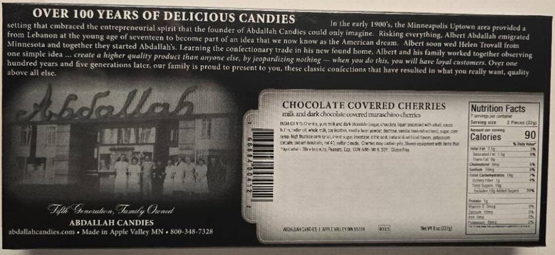 The back label lists the ingredients, not for the Sea Salt Almond Alligators, but for Chocolate Covered Cherries. The latter doesn’t have almonds, so almonds aren’t listed as an allergen. FDA